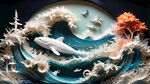 衍纸，海浪，鲸，淡雅