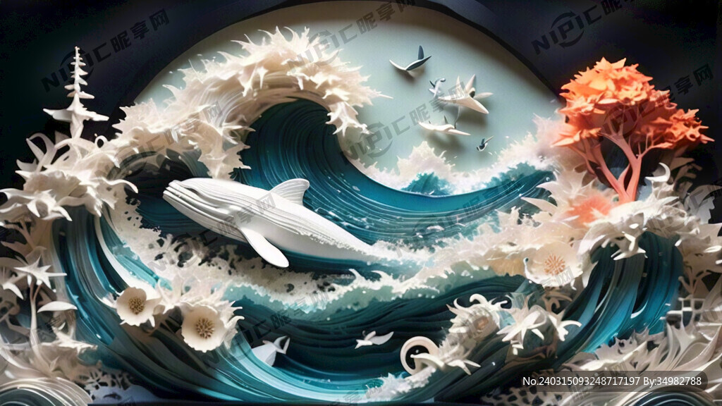 衍纸 海浪 鲸 淡雅