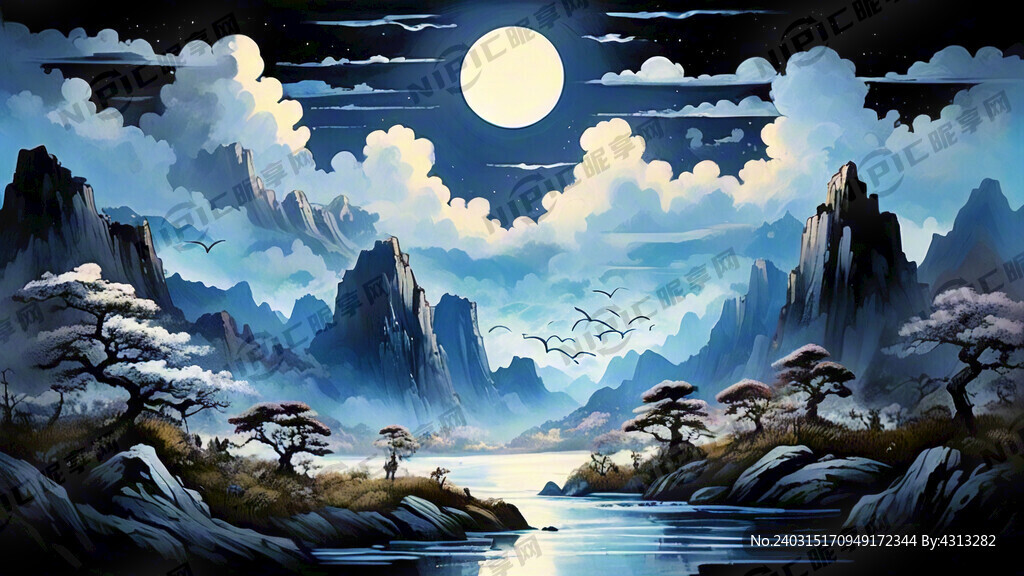 山水画 光艺术风格 轮廓投影