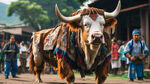 一头身穿苗族服饰在榕江村超的足球场上，身穿苗族服饰的黄牛，长着长长的牛角，，高兴的站立着。