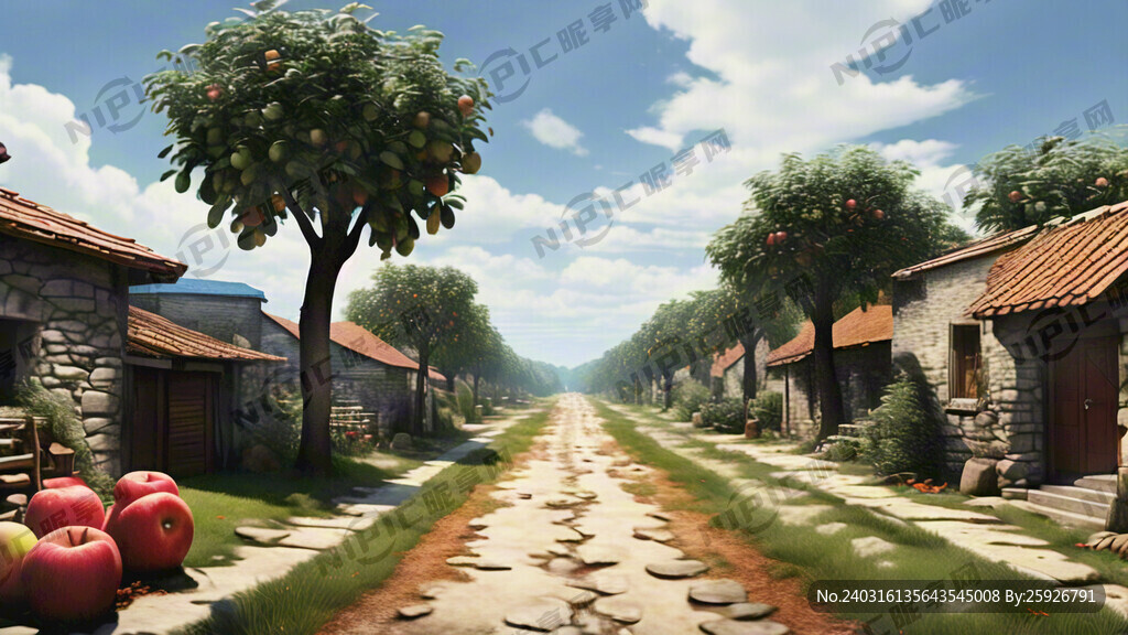 远处有村落和苹果林的背景