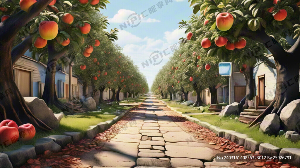 村口有条岔路。远处村落旁边有苹