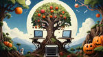 画一棵神奇的树，树上有15个果子，三个小动物，科技电脑，三个南瓜，自然风光，细节丰富，构图层次丰富，扁平插画