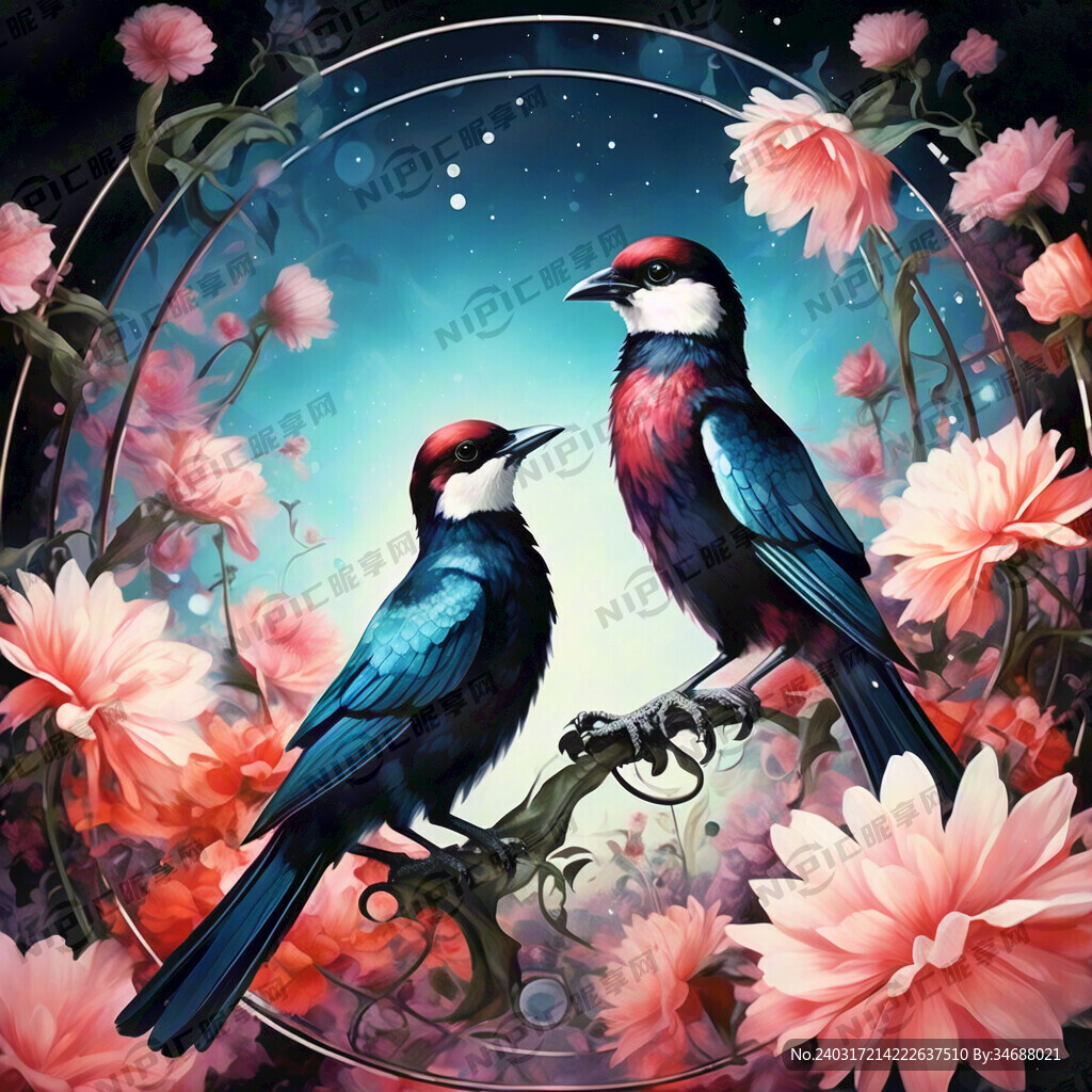 中间有二只喜鹊 边上花海 梦幻