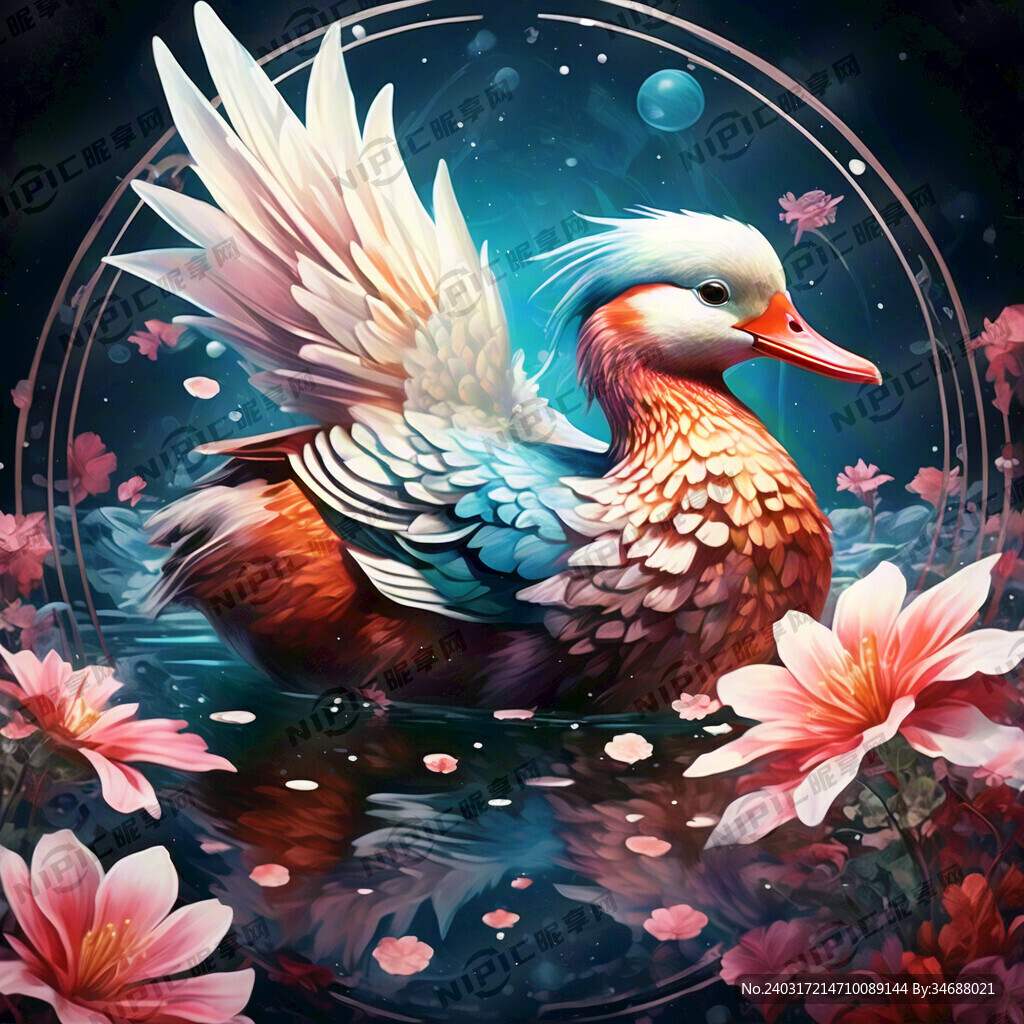 中间有一对鸳鸯 在水中 梦幻