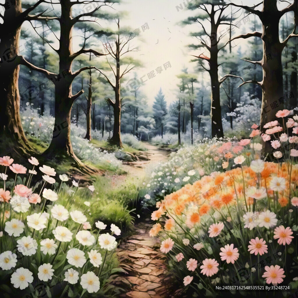手绘森林花海春天景色