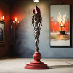 火炬 雕塑  迪斯尼风格 在一个红色的展厅里 火炬要有底座 地面是米白色地砖 展厅墙面挂着画