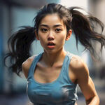 亚洲马尾女生，蓝色抹胸运动装，跑步冲刺，半身，侧对镜头，逆光，卡通