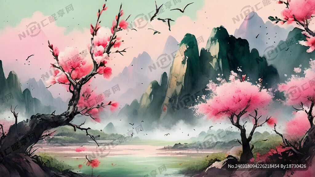 中国风 粉色天空 绿色山水 