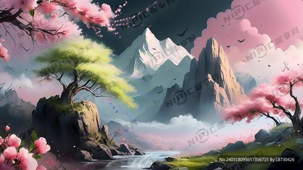 唯美浪漫国潮山水 粉色天空