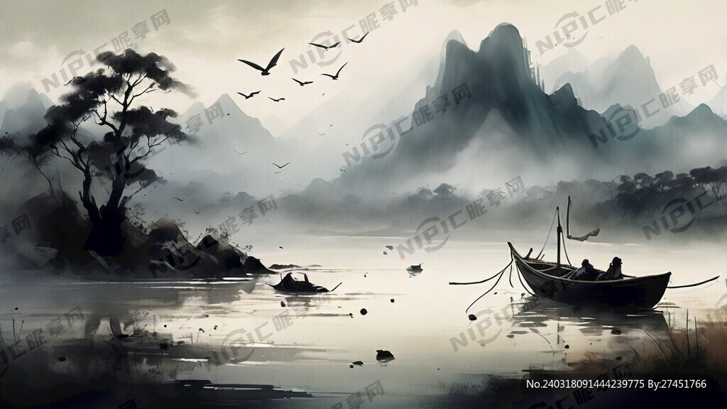 水墨山水 孤舟蓑笠翁 远景