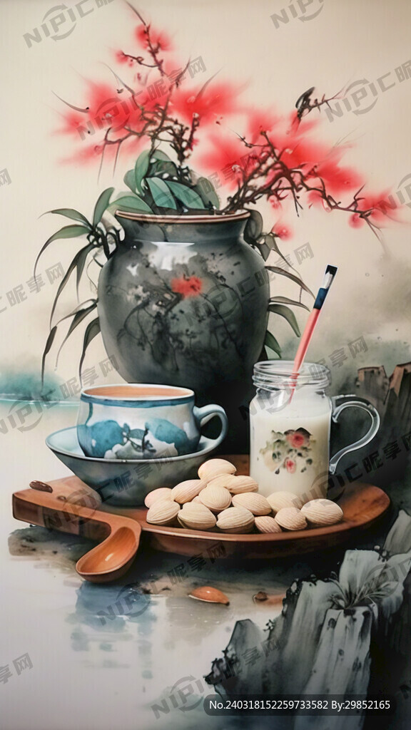 中国山水 水墨画 杏仁露