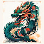 应龙，中国龙，完整长龙，全身，图腾，扁平，国风，水墨，泼墨，简约，浅色背景