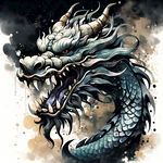 应龙，中国龙，完整长龙，全身，图腾，扁平，国风，水墨，泼墨，简约，浅色背景