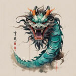应龙，中国龙，完整长龙，全身，图腾，扁平，国风，水墨，泼墨，简约，浅色背景