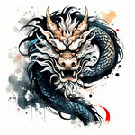 应龙，中国龙，完整长龙，全身，图腾，扁平，国风，水墨，泼墨，简约，浅色背景
