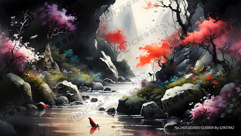 泼墨风格 山林 花香鸟语