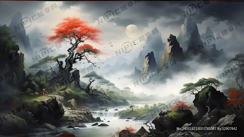 山谷 中国风 中国画 山水