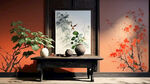 背景墙红棕色的，前面是一个古典的桌子，桌子上有一盆绿植