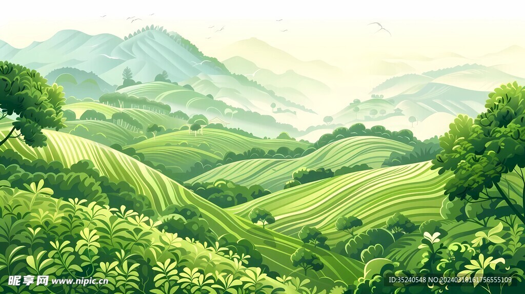 茶园茶山茶田插画背景