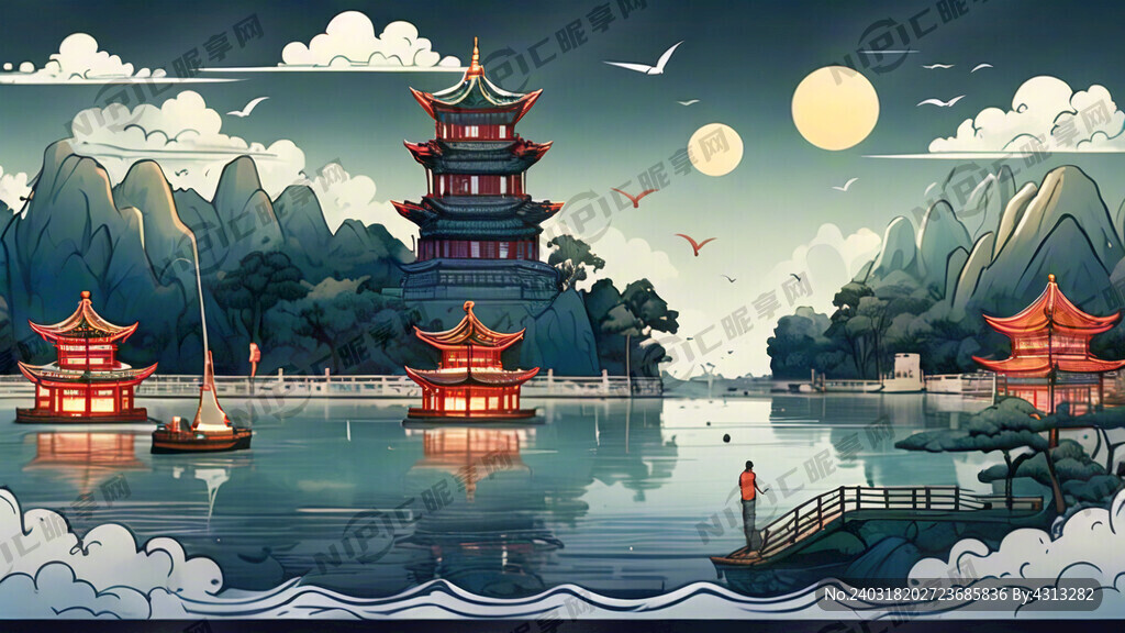 全部青色调 简约青花瓷线稿风格