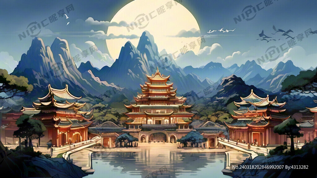 青花瓷色调 线稿 山为主体