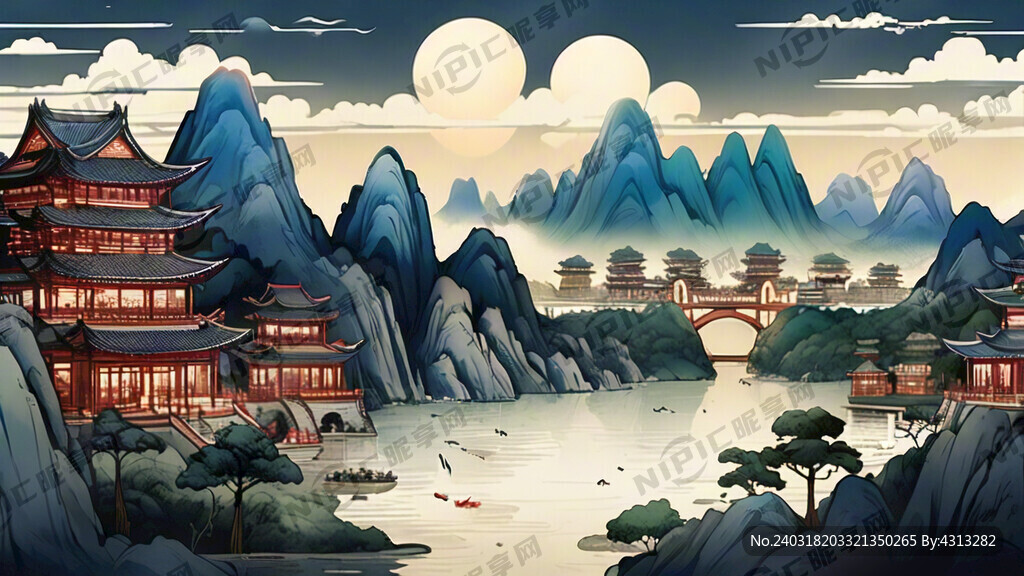单色 青花瓷 线稿 山为主体