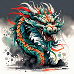 应龙，中国龙，完整长龙，全身，图腾，扁平，国风，水墨，泼墨，简约，浅色背景