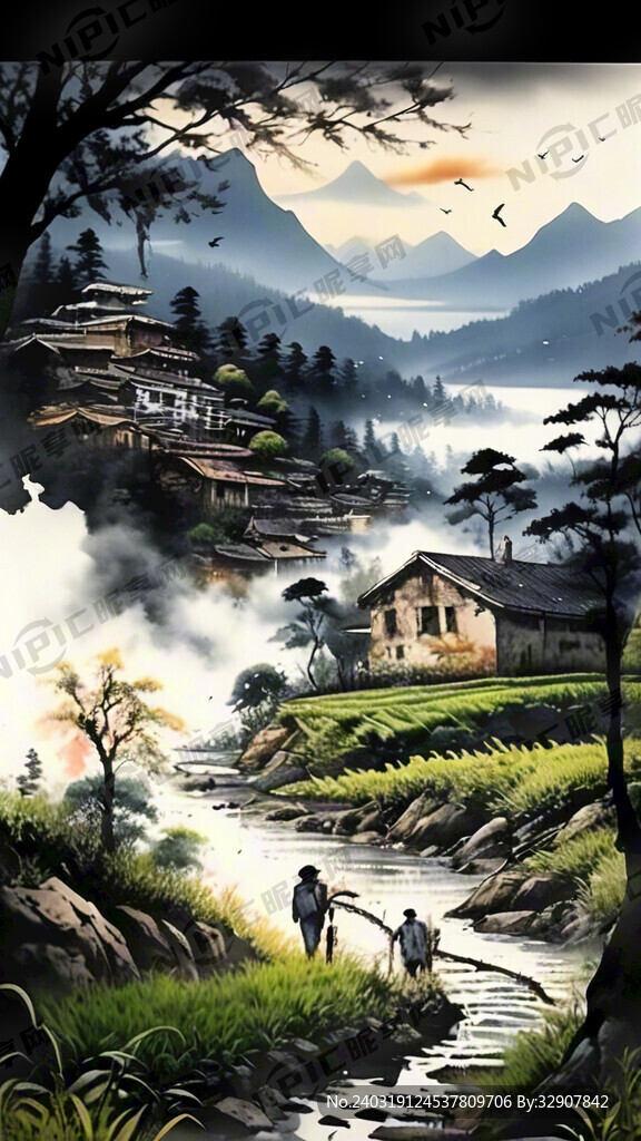 梯田式茶山在前边 山下有小溪