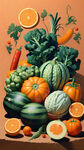 瓜果蔬菜展示海报，明亮的橙色，清新的风格