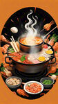 火锅食材展示海报，明亮的橙色，清新的风格
