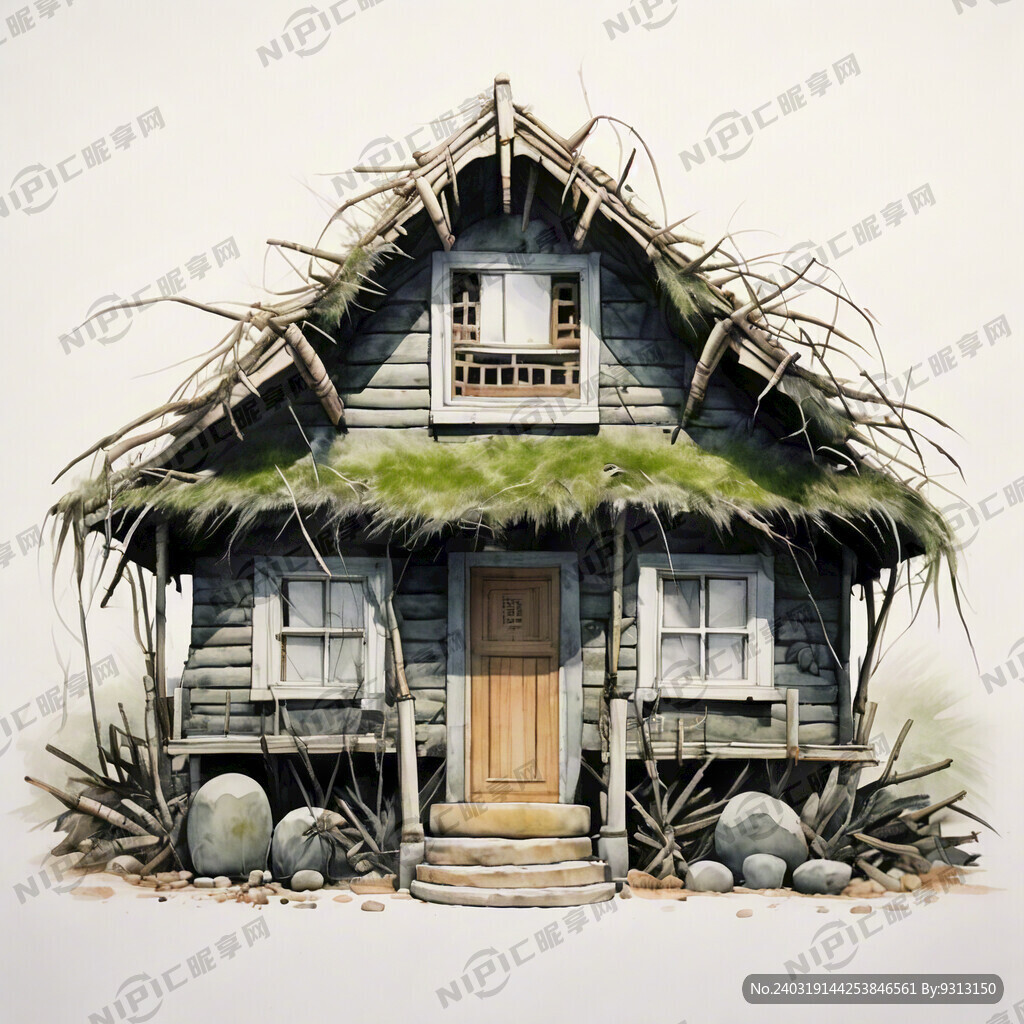 原始人居住的草房子 剪影 白底