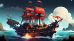 海盗船简画，儿童风格，有炮台，有海，有海盗，
