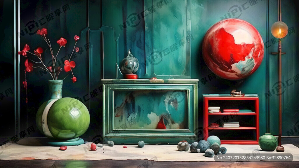 绿色红色蓝色油画