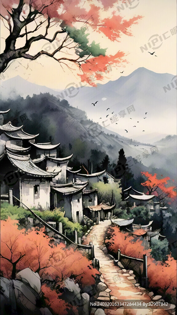 远景 梯田 小村庄 线稿 残阳