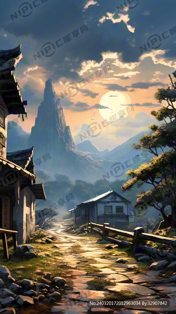 寒山石径 残阳 屋舍 远景