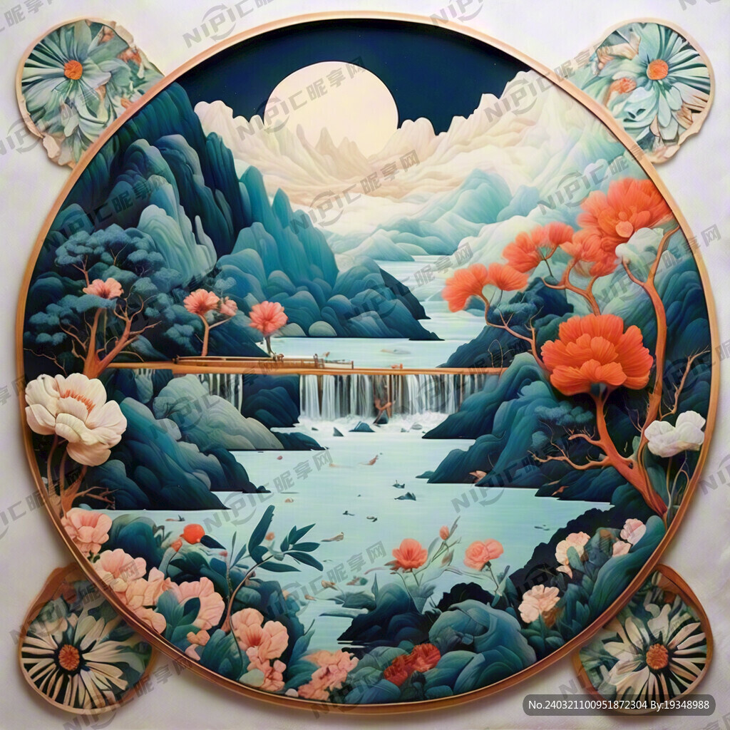 山水 大花 蓝色调 插画 地毯