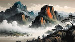万里江山，云雾缭绕，中国古风，线稿