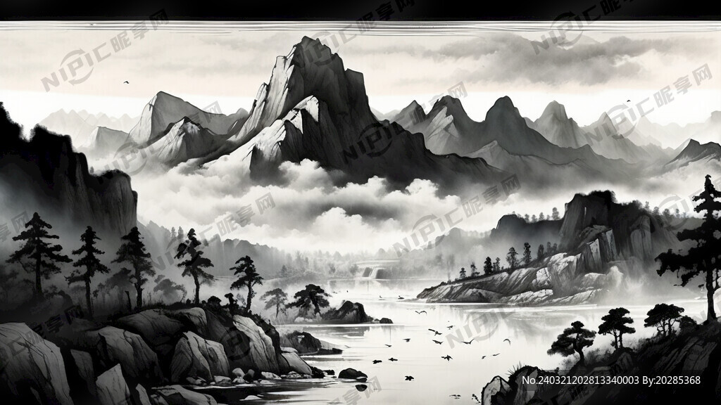 山水画 黑白线稿 万里江山