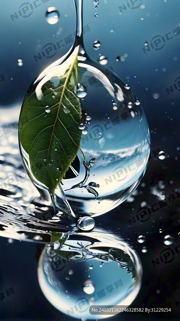 一片叶子滑下水滴水滴里面包含地