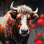 老黄牛，唯美红色，红灯笼，高清，创意构图