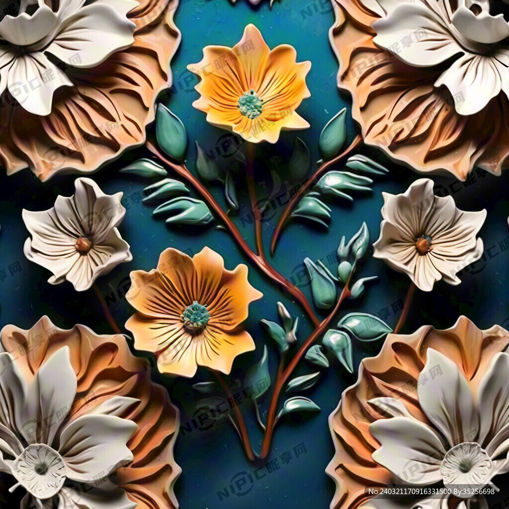 3D陶瓷质感花朵四周无缝