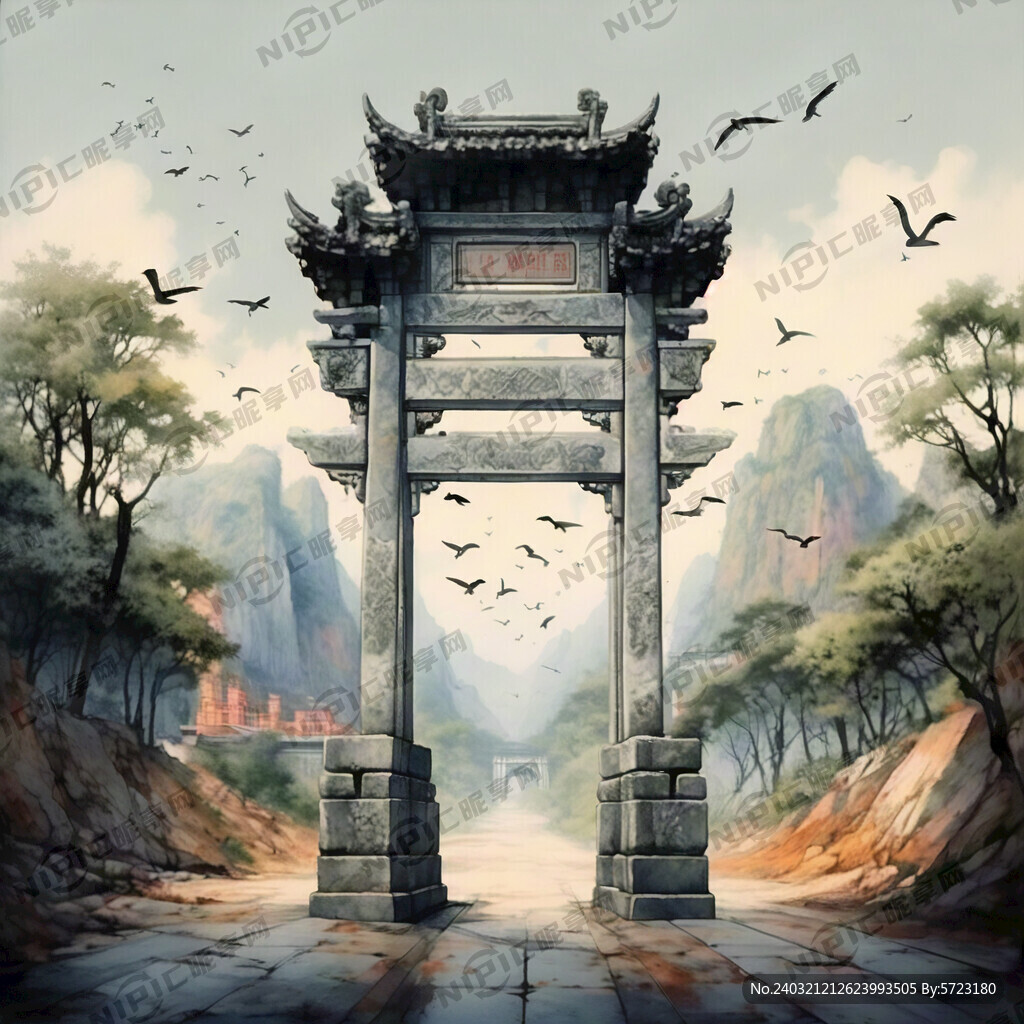 隆昌石牌坊 水墨画