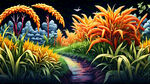 水稻  彩色版画 自然生态基地  辛烷渲染 色彩丰富 明亮插画 超细致刻画