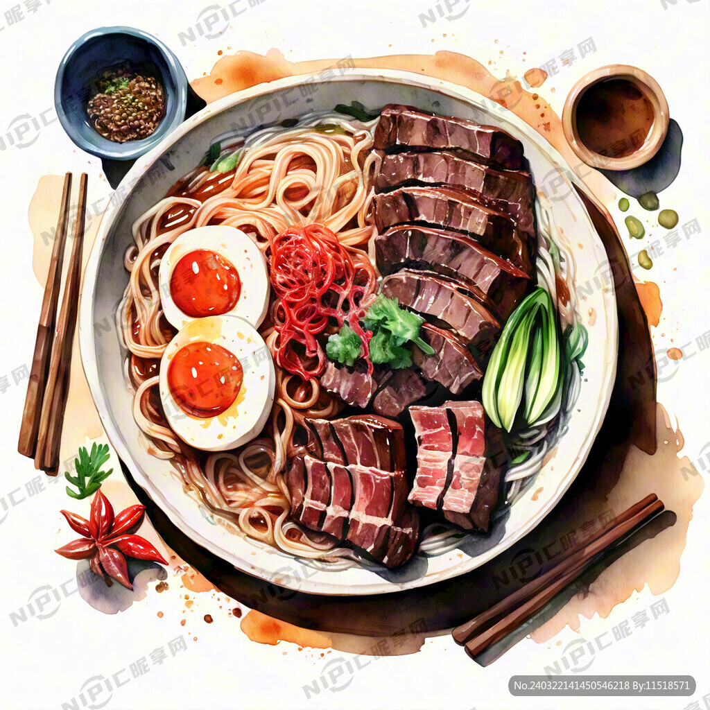 牛肉板面 水彩风格 俯视图