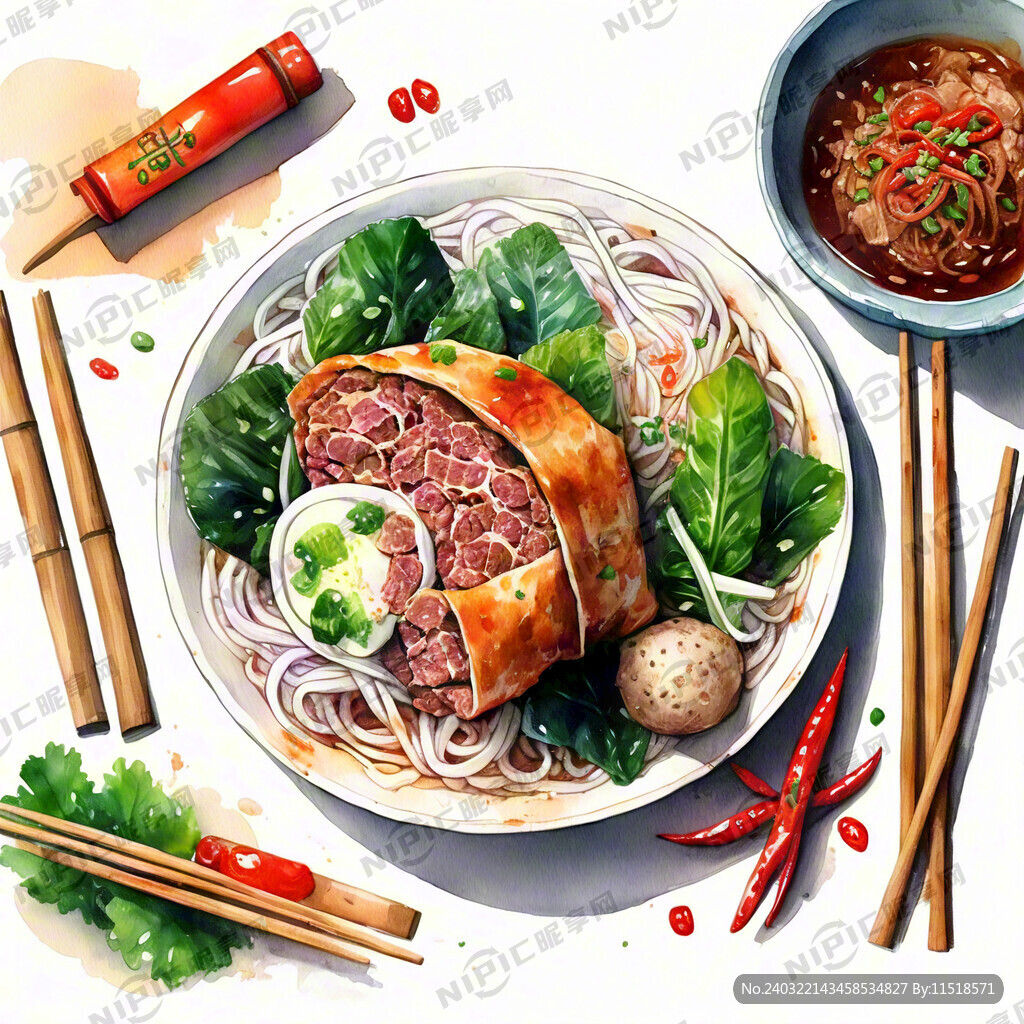 桂林肉卷米粉 手绘水彩风格