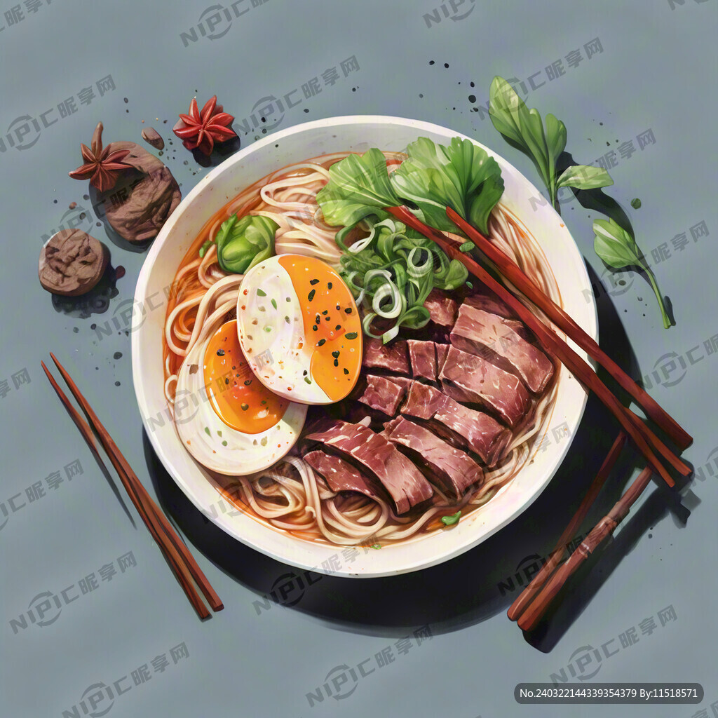 牛肉板面 手绘水彩风格 俯视图