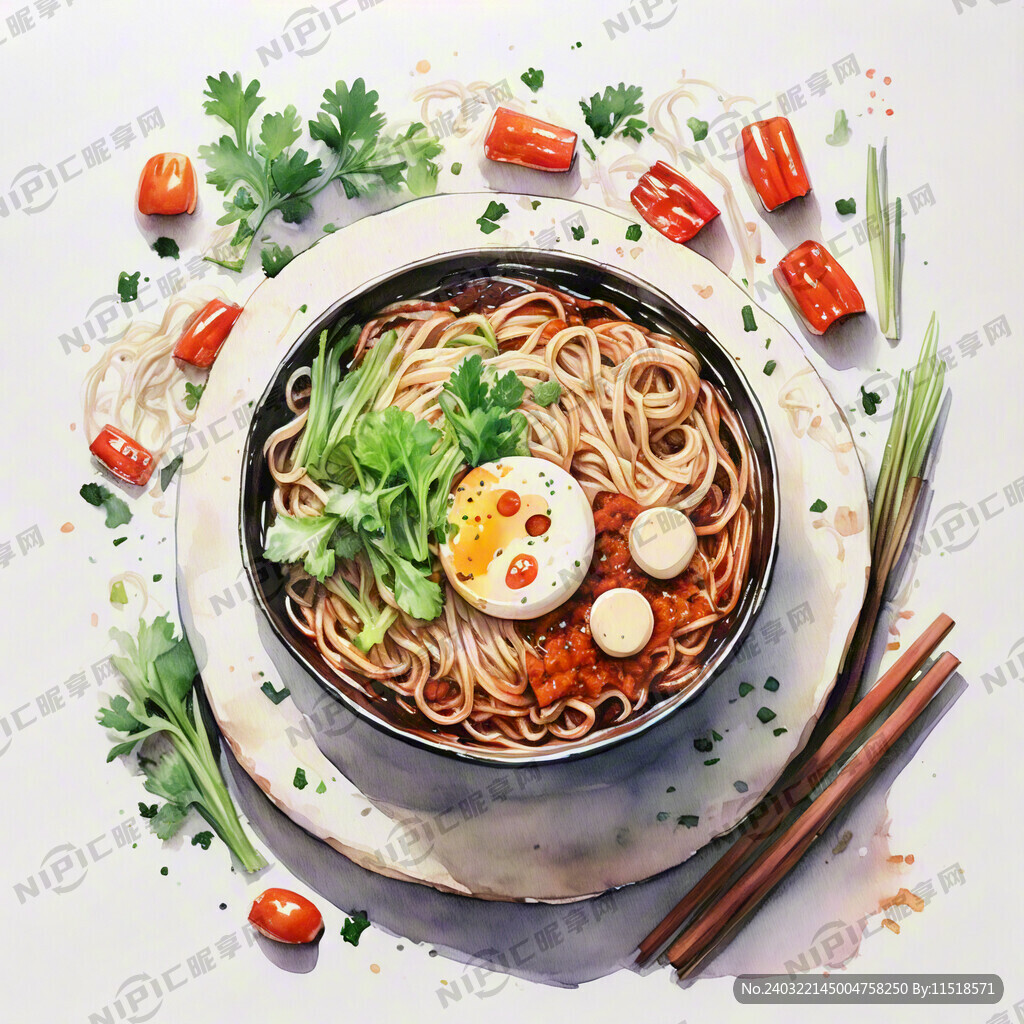 炸酱面 水彩手绘 可爱风