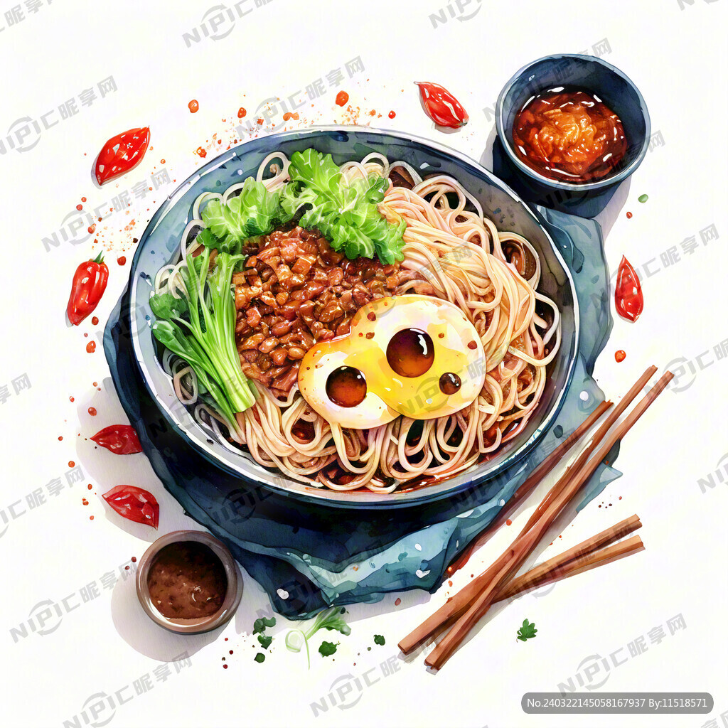 炸酱面 水彩手绘 可爱风
