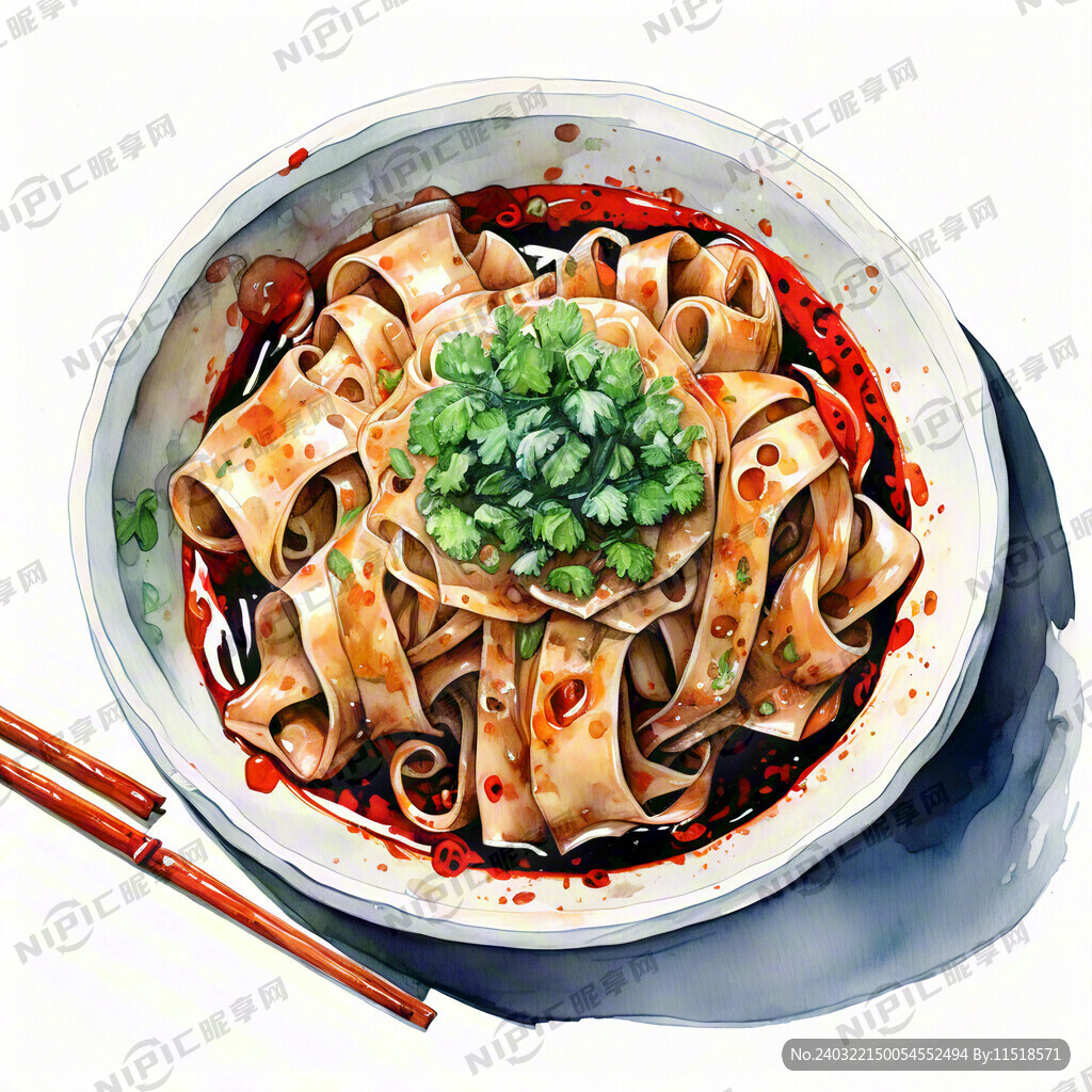 红油凉皮 手绘水彩 俯视图